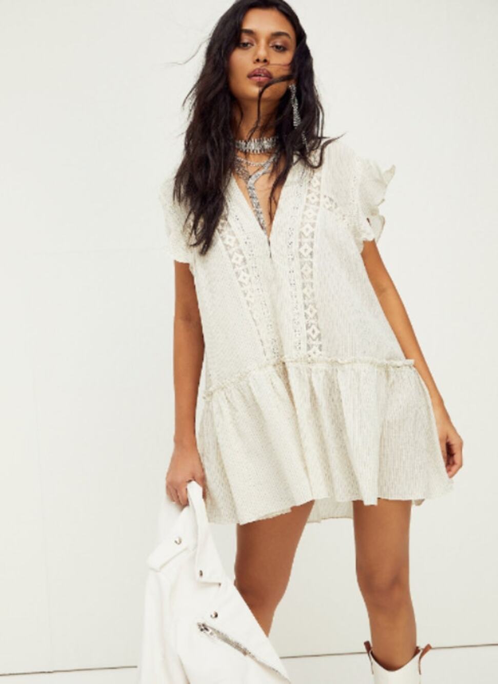 New FREE PEOPLE Baby Blues Tunic $128 SMALL Ivory Semi-Sheer Mini Cotton